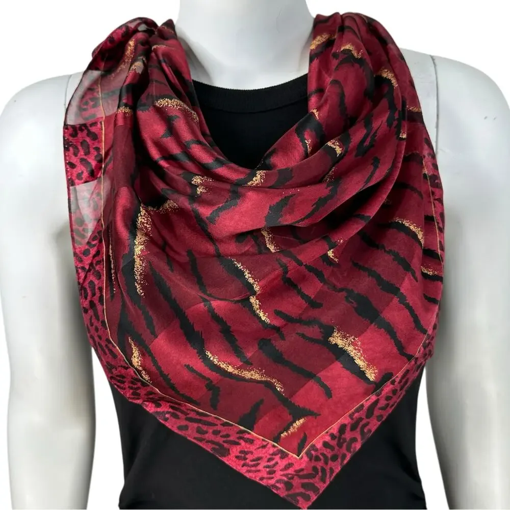 Adrienne Vittadini Red Animal Print Silk Scarf Tiger Cheetah Leopard 21